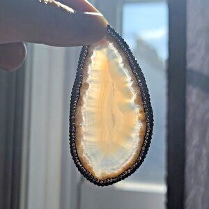 Agate Slice Pendant Necklace w Rhinestone Edge & Turquoise Heart Tag, 18", gift